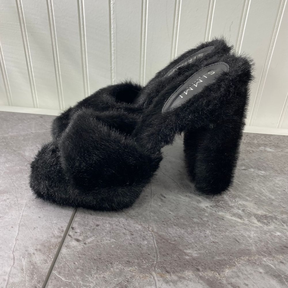 SIMMI Womens 7‎ London Black Faux Fur Platform Heeled Sandals Fuzzy Chunky Party - Picture 7 of 10